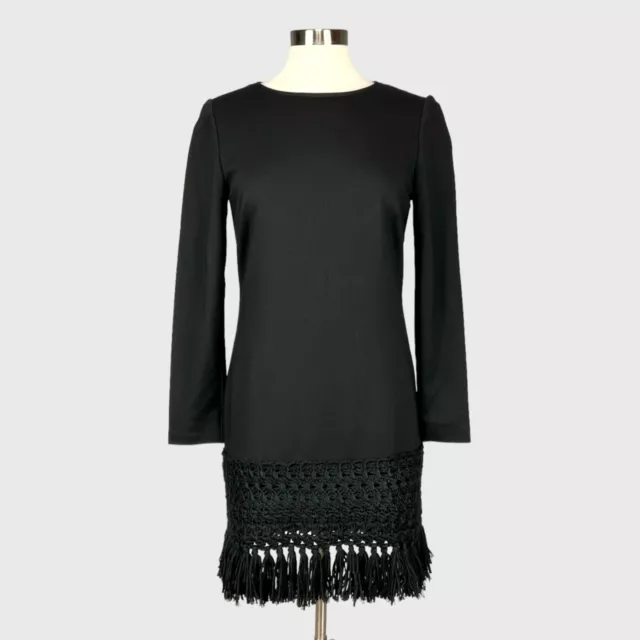 Trina Turk Womens Long Sleeve Shift Dress Black Crochet Fringe Hem size 6