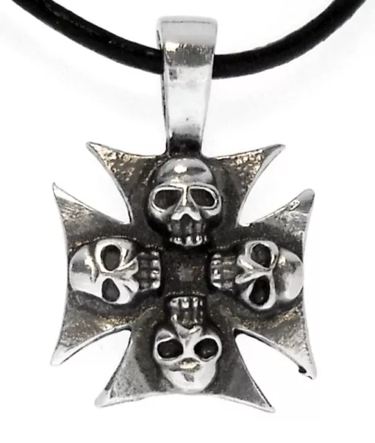 Motero Cruz de Hierro Calaveras Plata Colgante Peltre Cuero