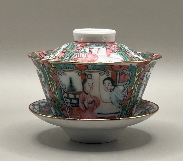 VINTAGE CHINESE HAND-PAINTED Porcelain Famille Rose Medallion Gaiwan ...