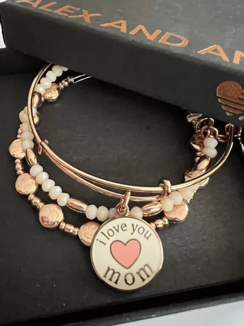 Alex And Ani Set Of 3 I Love You Mom Rose Gold Bracelets. beaded Charm Mother