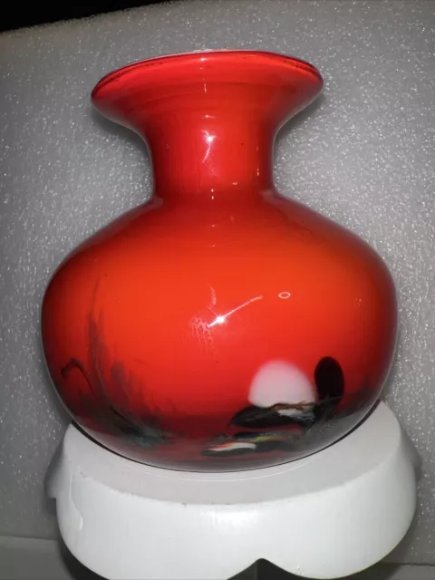 Hand Blown Art Glass Orange Vase With Rainbow Swirls . Murano Style