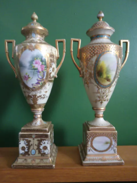 Pair of Vintage Painted Lidded Tall Ceramic Oriental Jar Urns Flower Decoration