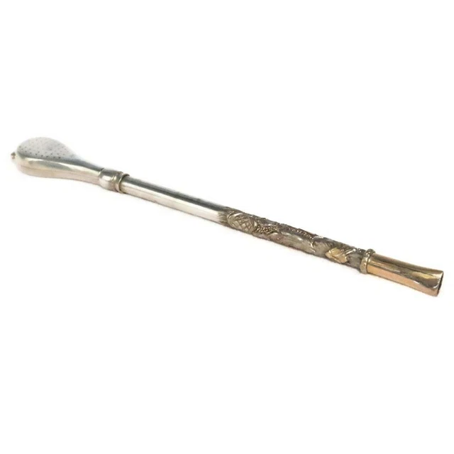 Vintage Silver Gold Foliate, 800 Silver,18K Gold Mate Tea Straw, 7 1/2"
