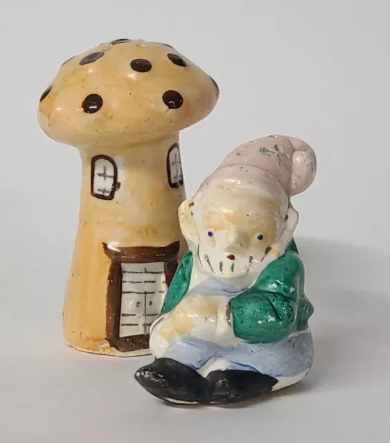 Vintage Sitting Elf Gnome & Mushroom House Salt & Pepper Shakers Japan