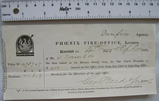1883 reciept Phoenix Fire Office, Turner, Dumfries