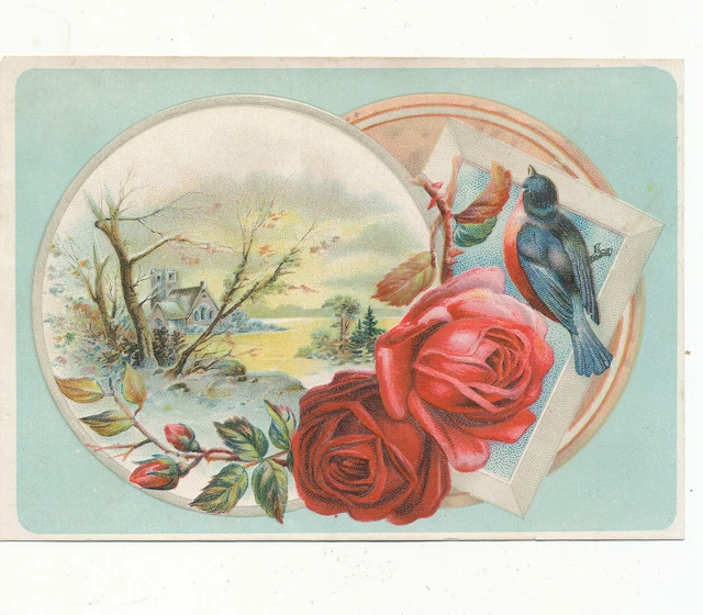M1587 Large Victorian Trade Card   Roses Lions Coffee
