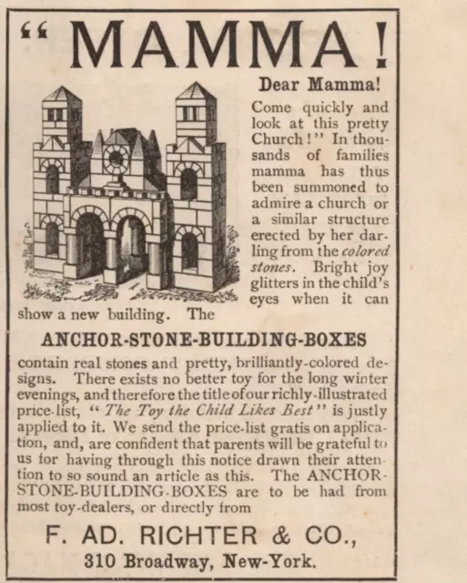 1880s Anchor Stone Building Boxes Blocks Toy Richter NY Print Ad 2.5x4 inch Ad