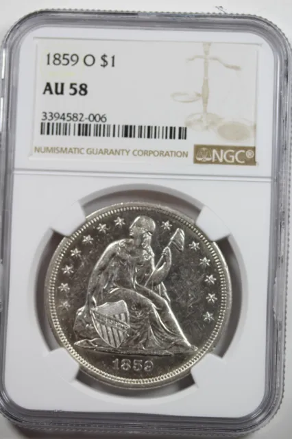 1859-O Seated Liberty Silver Dollar : NGC AU58