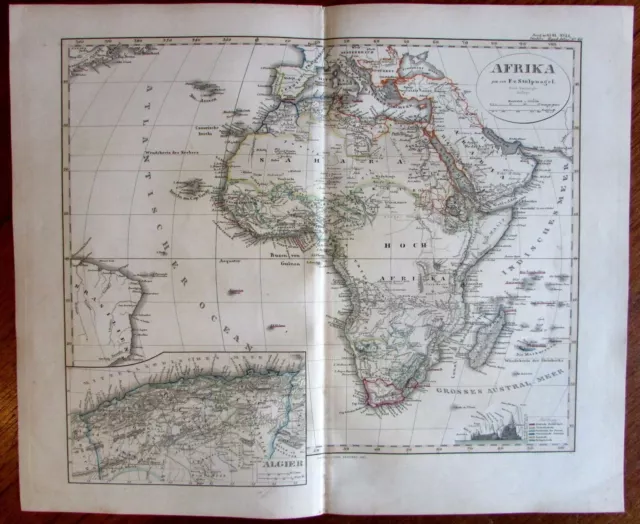 Africa continent Stulpnagel 1860 scarce old map Mt.s heights diagram 3