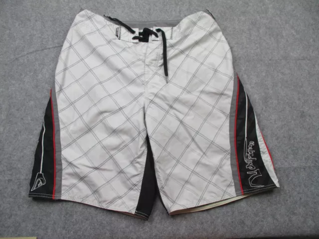 Quiksilver Swim Trunks Mens 32 Gray Black Plaid Swimming Swimsuit Polyester