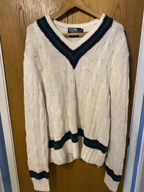 Vintage Polo Ralph Lauren Cable Knit Sweater Large White Hand Made Linen Cotton