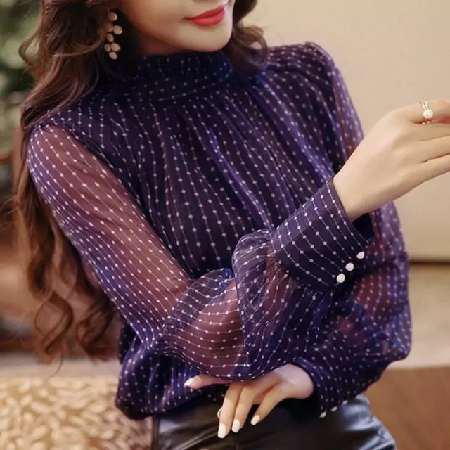 Womens Ladies High Neck Long Sleeve Lace Casual Loose Tops Blouse T-Shirts LC
