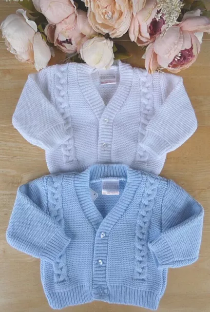 Baby Knitted Cardigan Warm Boy White Blue V neck Cable Pattern 0 3 6 9 12 18 24m