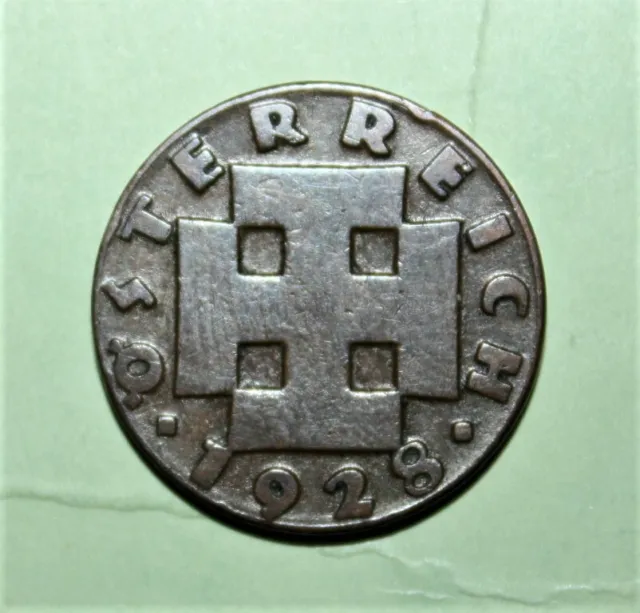 S11 - Austria 2 Groschen 1928 Extremely Fine Bronze Coin - Thick Cross