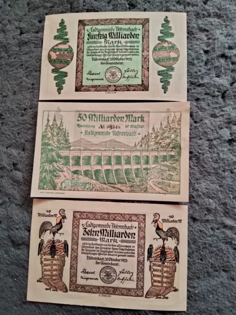 2 x Stadt Vöhrenbach 10 + 50 Milliarden Mark Banknote 1923 Baden-Württemberg