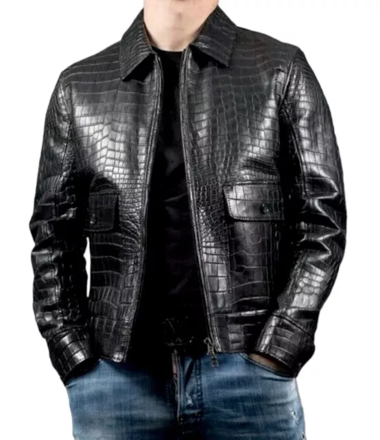 Mens Real Leather Crocodile Embossed Jacket Biker Black Alligator Print Jacket |