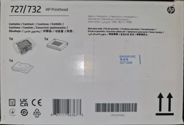 GENUINE HP 727/732 PRINTHEAD B3P06A Fin de Garantie Octobre 2026