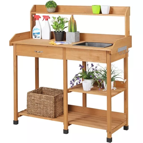 Wood Potting Bench Table Outdoor Removable Drawer Garden Planting Work Station