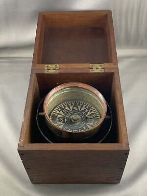 Antique J.H. Rowe & Co. Dory Lifeboat Gimbal Compass Wooden Box Ship Boat