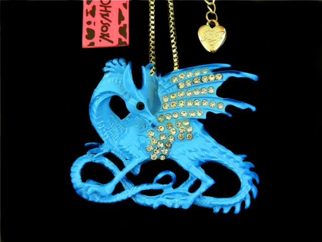 Betsey Johnson Bling Crystal Enamel Blue Dragon Pendant Sweater Chain Necklace