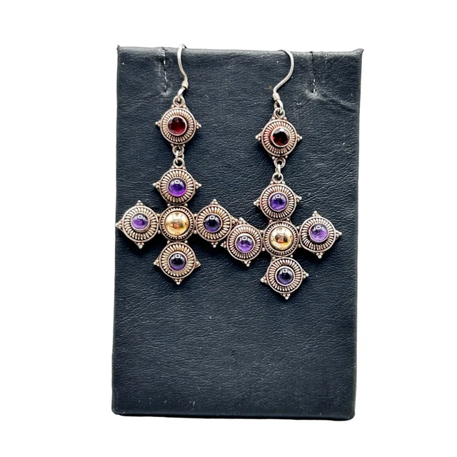 Sterling Silver Amethyst Dangles Earrings Maltese Cross with Garnet Stones Drops