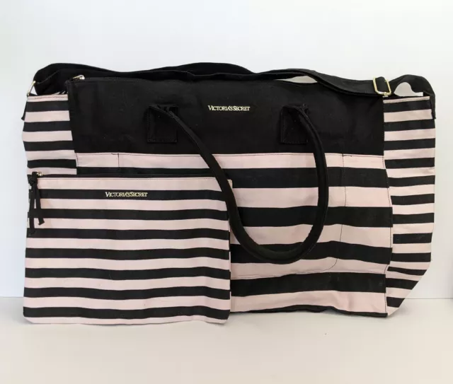 Victorias Secret Large Pink Black Weekender Stripe Tote Bag With Matching Pouch