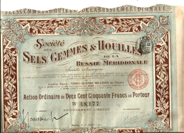Russie 1911. Action 250 Francs. Sels Gemmes et Houilles.Russie Méridionale.