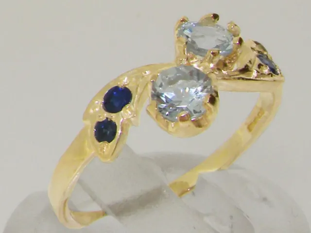 10ct Yellow Gold Natural Aquamarine & Sapphire Womens Band Ring - Sizes J to Z