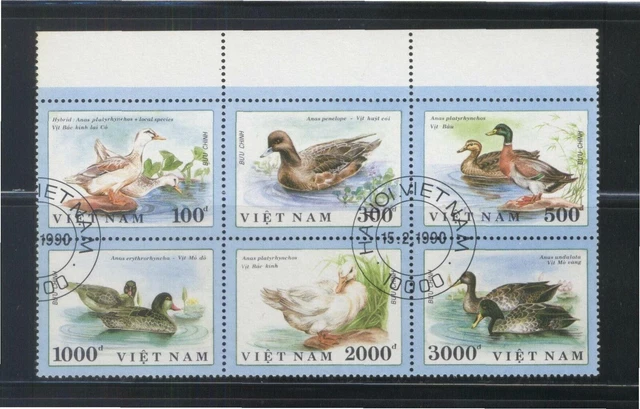 VIETNAM 1990 ENTEN VOGEL BLOCK COMP. SET MIT 6 STEMPELN SC#2055a-f, FEIN...