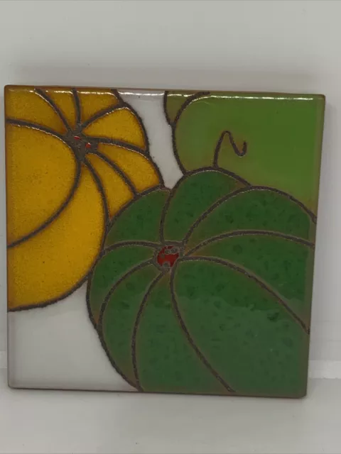 VTG Italian Italy 4” Clay TILE  TRIVET No 93 Hand Painted Pumpkins