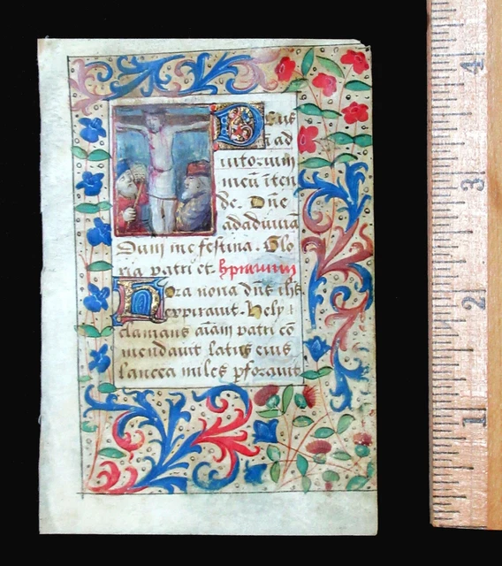 c. 1500 MEDIEVAL BOOK OF HOURS LEAF, FRANCE, ILLUMINATED CRUCIFIXION MINIATURE c. 1500 MEDIEVAL BOOK OF HOURS LEAF, FRANCE, ILLUMINATED CRUCIFIXION MINIATURE