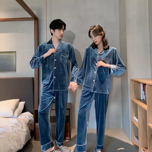 Couple Unisex Sleepwear Warm Winter Fleece Top+Pants Suit Nightwear Pyjamas  Set