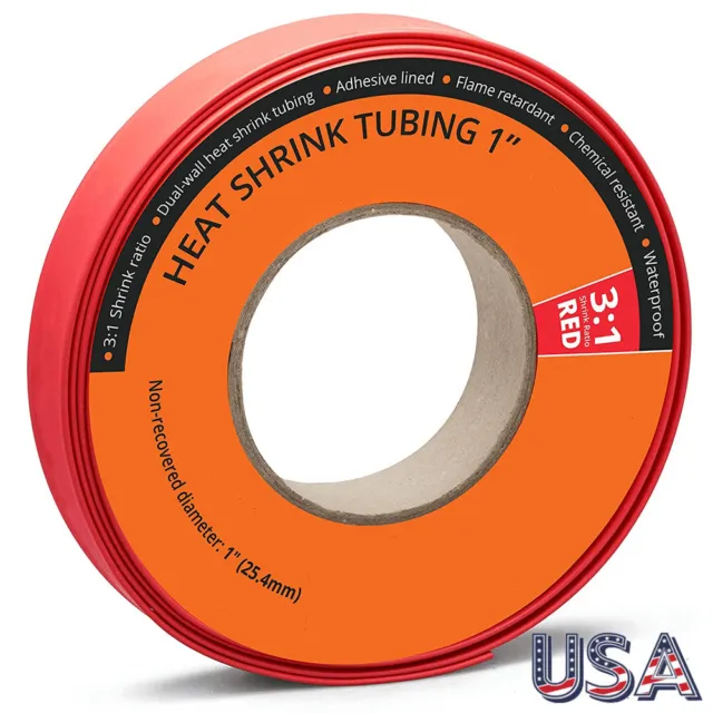 4ft Red 3:1 Marine Dual Wall Adhesive Wrap Tube Heat Shrink Tubing 1" 25.4mm