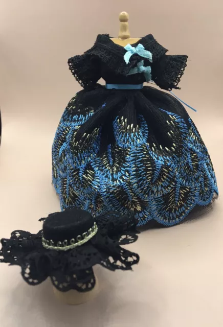 Dolls House 1/12 scale Handmade Black/blue Dress On A Wooden Mannequin And Hat