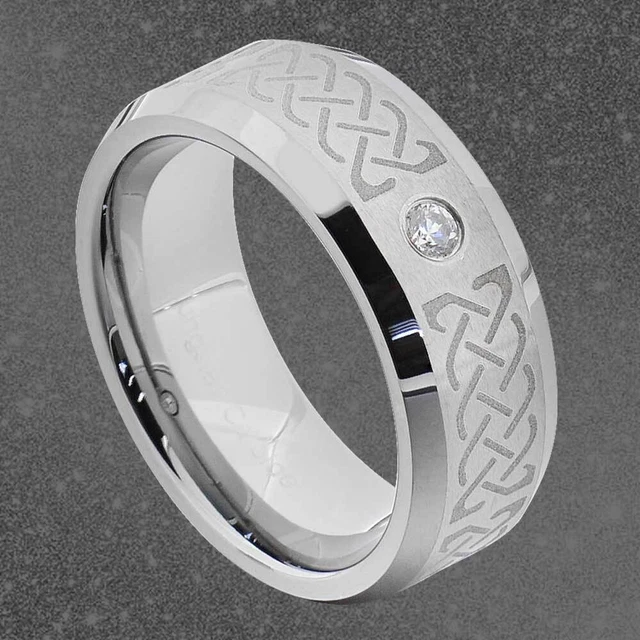 Tungsten Celtic Etch Round Cubic Zirconia Bevel Edge Men's Wedding Ring
