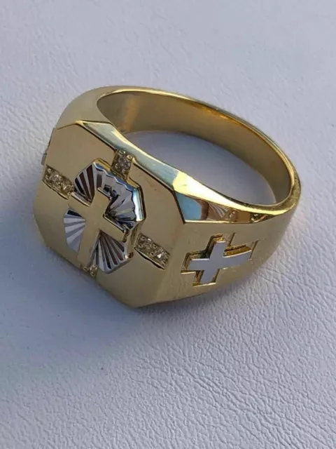 Echt Moissanit 0.30Ct Rund Herren Kreuz Wedding Ring 14K Gelbes Gold Überzogener