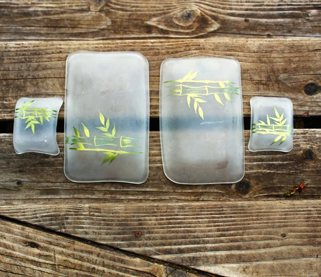 Sushi serving set 4 Pc Hand Painted and Hand blown frosted glass reverse painted