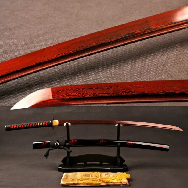 Blood Red Damascus Folded Steel Katana Battle Ready Japanese Samurai Sharp Sword