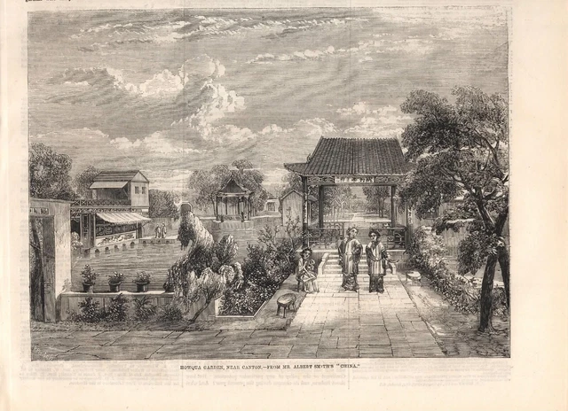 STAMPA ANTICA CANTON Guangzhou HOWQUA GARDEN Cina China 1859 Antique ...