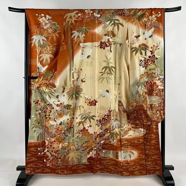 Japanese Kimono Furisode Pure Silk Crane Chinese Plum Gold Thread Vermilion