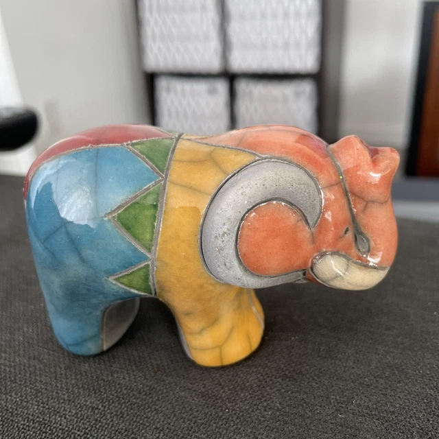 Hand Crafted South African Colorful Ceramic Raku Pottery Elephant 