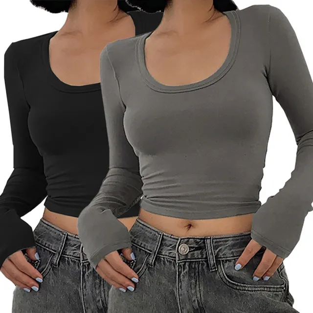 T-shirt donna tinta unita base top con collo elasticizzato manica lunga