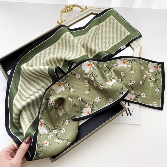 Double side 100% Silk Scarf Women Vintage Green Flower Striped Long Scarf 150*15