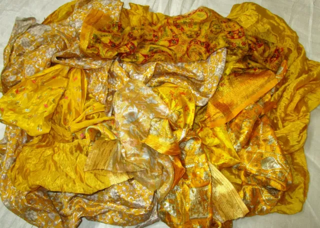 LOT ART SILK Antique Vintage Sari REMNANT Fabrics 100 GRAMS Golden #ABXPF