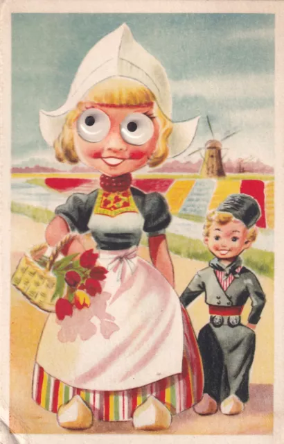 Vintage Postcard - Dutch Lady & Boy, Tulips, Windmill - Googly Eyes - c1956