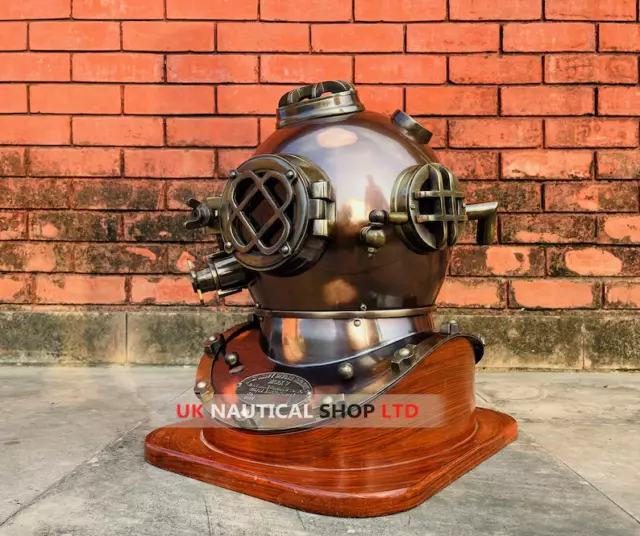 18" inch scuba diving helmet with wooden base stand - nautical home décor gift