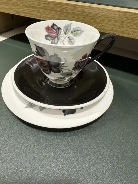 Vintage Royal Albert Masquerade Trio Cup Saucer Tea Plate Black Rose Gothic Mint