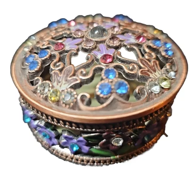 Trinket Box with Flower Design In Pink/Blue Colored Stones Beautiful!