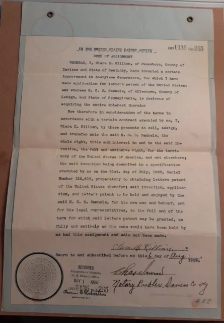 Owensboro, KY Patent Office Deed of Assignment to PA 4 Acetylene Generators 1928