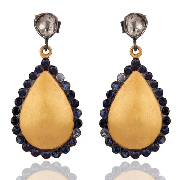 Pave Diamond Blue Sapphire 925 Sterling Silver 18K Gold Plated Wedding Earrings